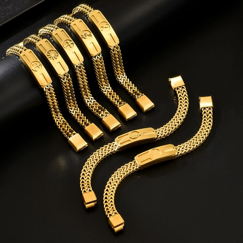 Men's Vintage Gold Stainless Steel Wheat Chain Bracelet With Cross Infinity Anchor Music Note Sun Leaf Pendant Personalized Hip Hop Jewelry