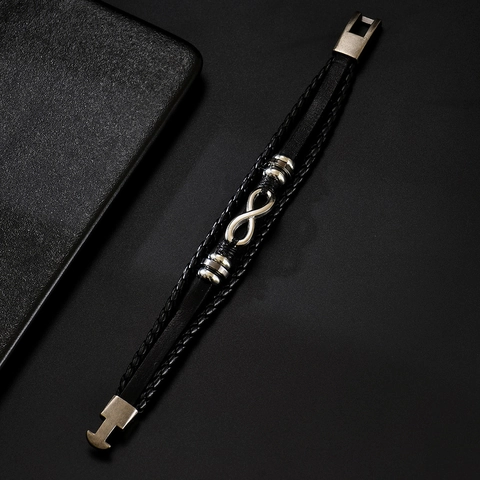Men's Vintage Multi-layer Artificial Leather Woven Bracelet Infinity Symbol Alloy Charm Retro Braided Hand Jewelry Bangle For Men