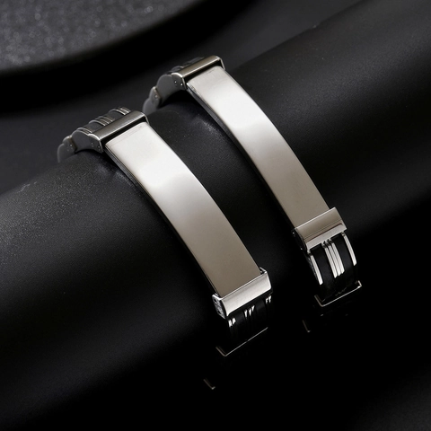 Herren Edelstahl Armband Mit Schwarzem Silikon Patchwork Design Blanko ID-Platte Industrieller Stil Poliert Armreif Schmuck