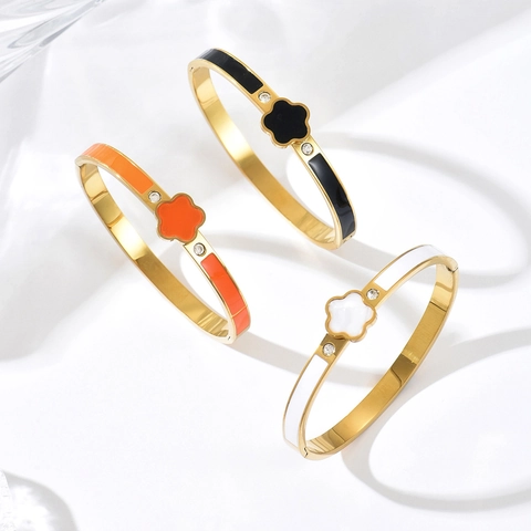 Bracelet Jonc De Luxe En Acier Inoxydable Trèfle À Quatre Feuilles Émaillé Pour Femmes Incrusté De Strass Plaqué Or Bijoux De Mode