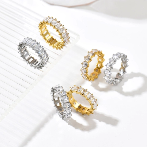 Edelstahl Zirkonia Eternity Ring Baguette Rund Quadratisch Schliff Gold Stahlfarbe Eingelegter Fingerring Mode Schmuck Für Damen