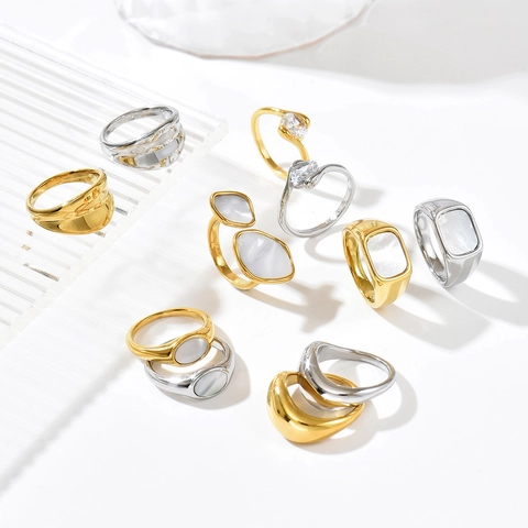 Vintage Minimalist Stainless Steel Shell Ring For Women Gold Silver Plated Mother Of Artificial Pearl Oval Signet Band Jewelry