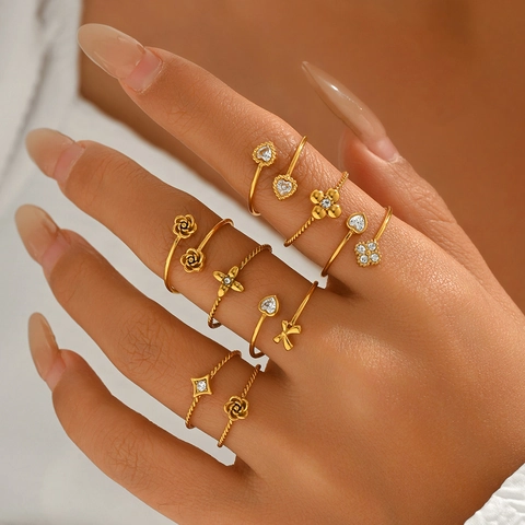 Minimalistischer Edelstahl Vergoldeter Ring Blume Herz Schleife Zirkonia Verstellbarer Offener Ring Für Damen Schmuck