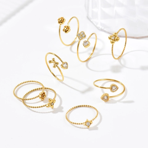 Minimalistischer Edelstahl Vergoldeter Ring Blume Herz Schleife Zirkonia Verstellbarer Offener Ring Für Damen Schmuck