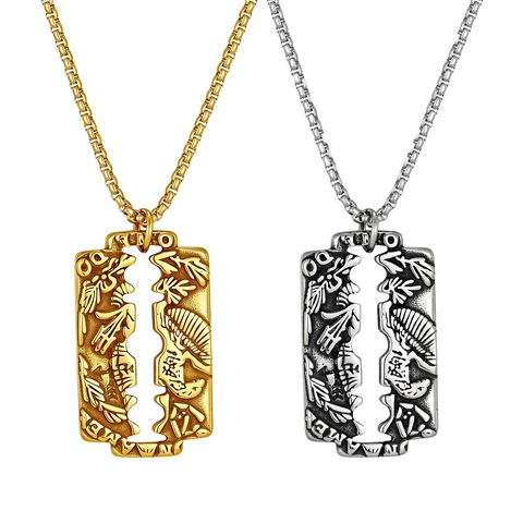 Vintage Stainless Steel Razor Blade Pendant Necklace For Men Women Punk Carved Relief Gold Silver Hip Hop Jewelry