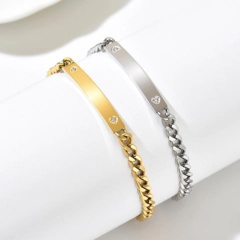 Mode Edelstahl Panzerkette Armband Für Damen Herz Eingelegt Zirkonia Gravur ID Platte Schmuck Elegant Hand Dekoration