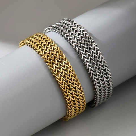 Bracelet Tissé en Acier Inoxydable de Haute Qualité pour Hommes Mode Minimaliste Géométrique Texturé Bijoux Or Argent Ornement