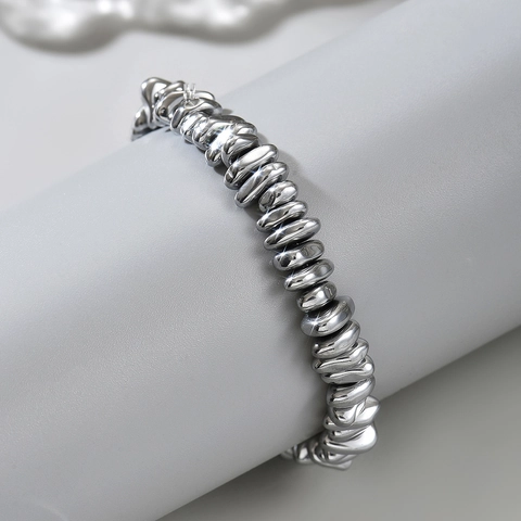 Bracciale Minimalista in Acciaio Inossidabile con Grani d'Argento Irregolari per Donna Uomo Unisex Personalità Gioielli di Moda