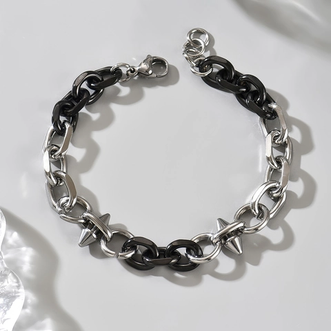 Bracciale Punk in Acciaio Inossidabile con Punte Contrasto Nero Argento Catena Industriale Gioielli Unisex Moda Hip Hop