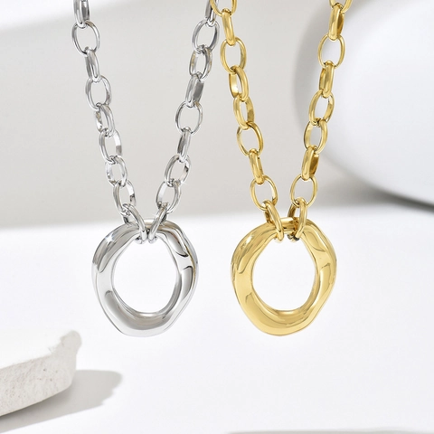Damen Chic Edelstahl Unregelmäßiger Ring Anhänger Halskette Grobe Ovale Gliederkette Gold Silber Plattierter Schmuck