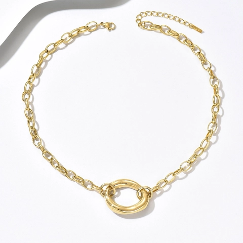 Damen Chic Edelstahl Unregelmäßiger Ring Anhänger Halskette Grobe Ovale Gliederkette Gold Silber Plattierter Schmuck