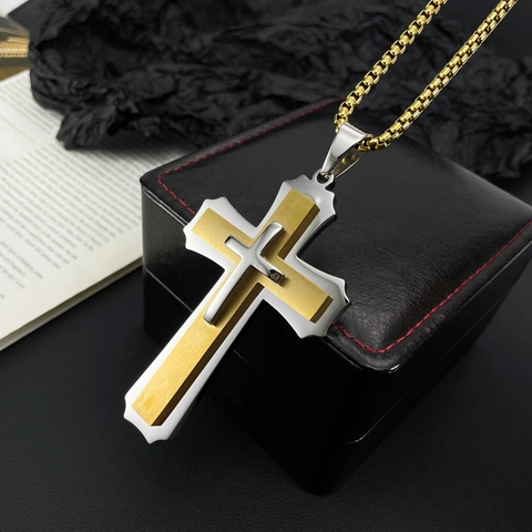 Grote Roestvrijstalen Drielaagse Kruis Hanger Halsketting Voor Heren Punk Rock Street Fashion Tweekleurige Geborstelde Hip Hop Religieuze Sieraden Cadeau