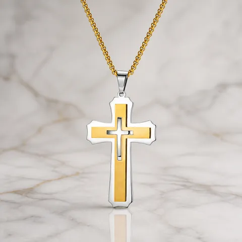 Grote Roestvrijstalen Drielaagse Kruis Hanger Halsketting Voor Heren Punk Rock Street Fashion Tweekleurige Geborstelde Hip Hop Religieuze Sieraden Cadeau