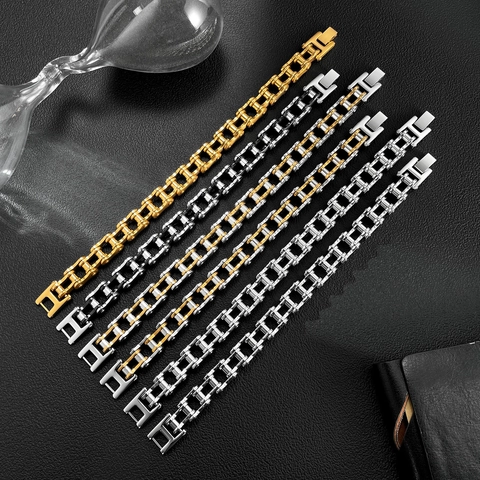 Men Stainless Steel Motorcycle Chain Bracelet Punk Industrial Style Two Tone Metallic Wristband Hip Hop Jewelry For Daily