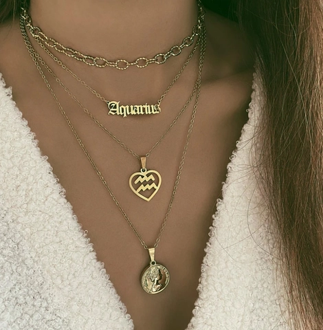 Stainless Steel 12 Zodiac Constellation Heart Pendant Necklace For Women Gold Plated Clavicle Box Chain Jewelry Gift