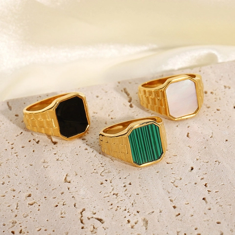 Vintage 18 Karat Vergoldeter Edelstahl Siegelring Für Damen Herren Rechteckige Einlage Uhrenarmband Textur Ring Modeschmuck