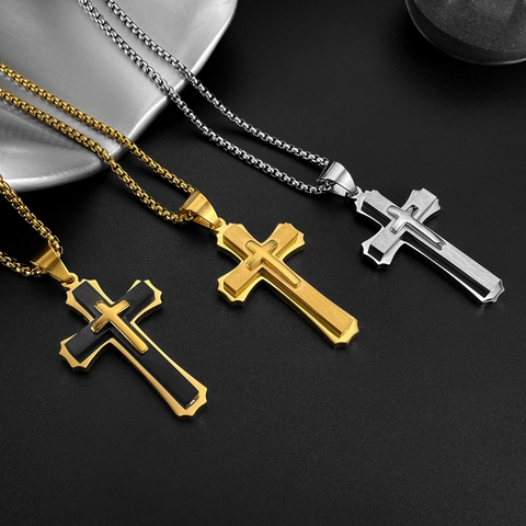 Vintage Stainless Steel Double Layer Cross Pendant Necklace Brushed Metal Box Chain Hip Hop Streetwear Men Jewelry Gift