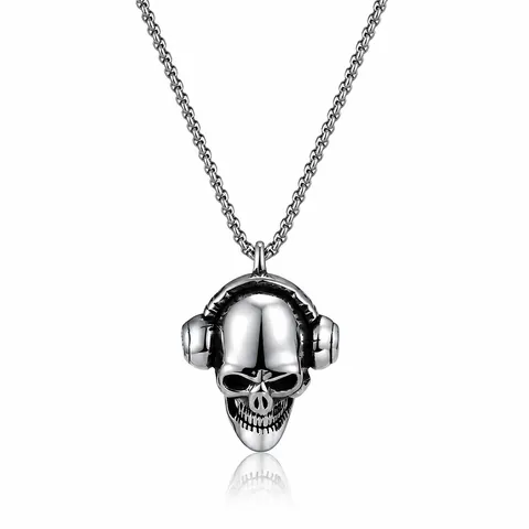Collar de Colgante de Calavera con Auriculares de Acero Inoxidable para Hombre Punk Gótico Hip Hop Joyería Color Acero Oro