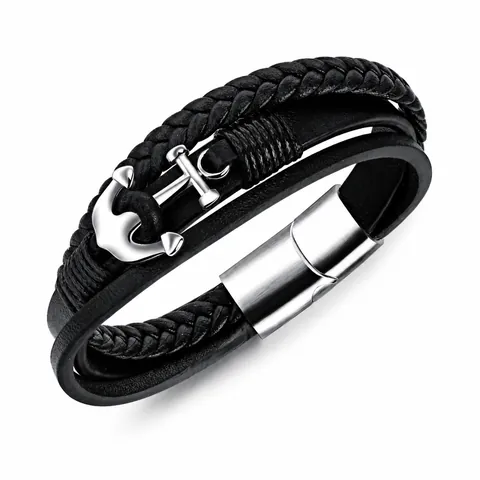 Vintage Herren Mehrlagig Geflochten Lederarmband Mit Titanstahl Anker Anhänger Magnetverschluss Punk Nautischer Schmuck