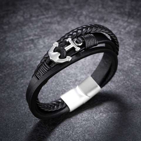 Vintage Herren Mehrlagig Geflochten Lederarmband Mit Titanstahl Anker Anhänger Magnetverschluss Punk Nautischer Schmuck