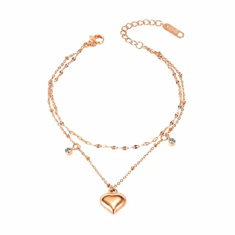 Double Layer Titanium Steel Heart Anklet For Women Rose Gold Silver Color Rhinestone Adjustable Ankle Bracelet Jewelry