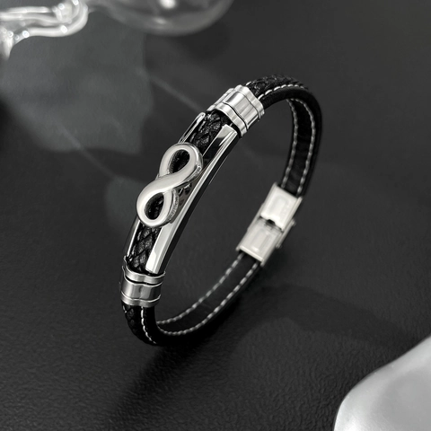 Men Hip-hop Woven Leather Bracelet Stainless Steel Infinity Symbol Charm Polished Street Style Black Silver Jewelry For Men