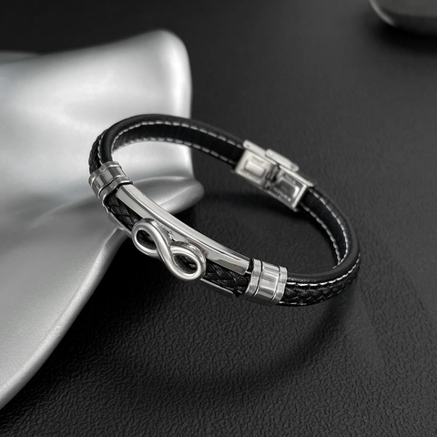 Men Hip-hop Woven Leather Bracelet Stainless Steel Infinity Symbol Charm Polished Street Style Black Silver Jewelry For Men
