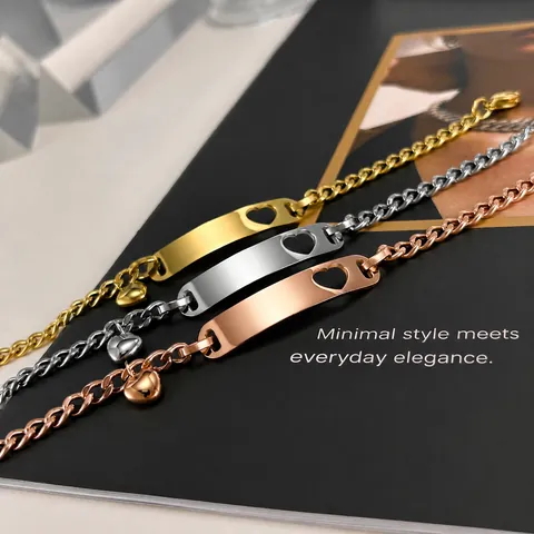 Bracciale da Donna in Acciaio Inossidabile con Piastra ID Cuore Traforato Catena Cubana Oro Rosa Oro Argento Gioielli Minimalisti