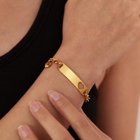Bracciale da Donna in Acciaio Inossidabile con Piastra ID Cuore Traforato Catena Cubana Oro Rosa Oro Argento Gioielli Minimalisti