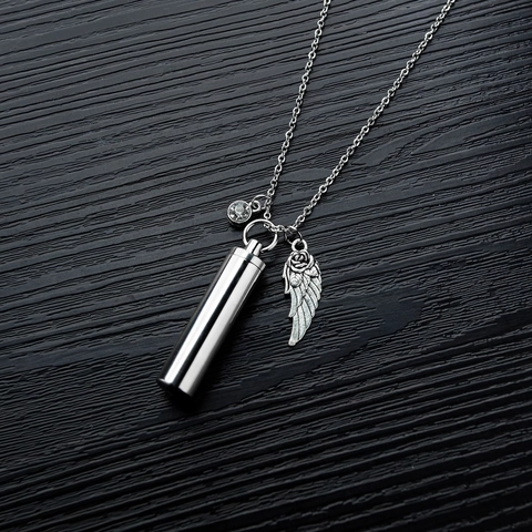 Stainless Steel Cylinder Urn Necklace For Ashes Memorial Jewelry Capsule Pendant With Angel Wing Rhinestone Charm For Women Men