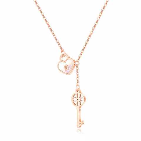 Rose Gold Stainless Steel Mother Of Artificial Pearl Heart Lock And Hollow Key Pendant Y-Shaped Necklace For Women Elegant Fashion Jewelry