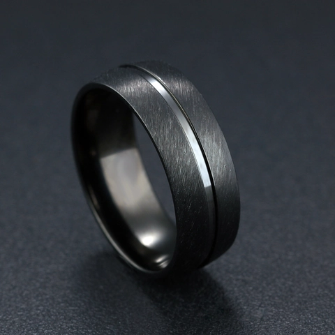 Heren Zwart Titanium Staal Ring Geborsteld Oppervlak Met Centrale Groef Moderne Punk Roestvrij Stalen Band Voor Mannen Sieraden Cadeau