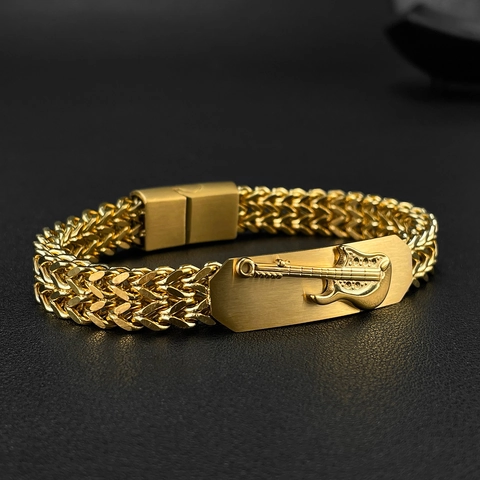 Vintage Vergoldet Edelstahl Geflochtenes Weizenkette Armband Mit Gitarre Anhänger Für Herren Rock Style Musik Thema