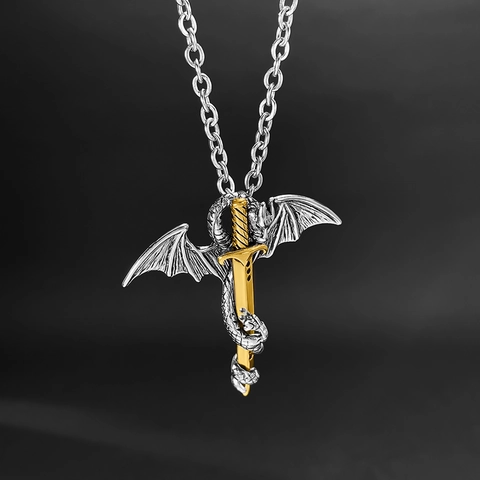 Vintage Titanstahl Drache Umwickeltes Schwert Anhänger Halskette Für Herren Gothic Hip Hop Flügel Punk Stil Halsschmuck Zubehör