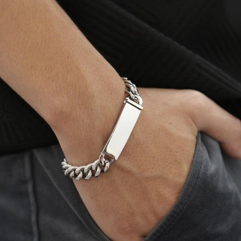 Minimalist Titanium Steel Cuban Link ID Bracelet For Couples Silver Polished Metal Bar Curb Chain Jewelry For Men Women