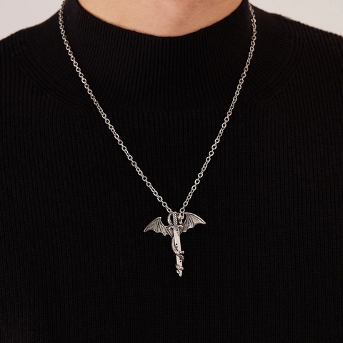 Vintage Titanstahl Drache Umwickeltes Schwert Anhänger Halskette Für Herren Gothic Hip Hop Flügel Punk Stil Halsschmuck Zubehör