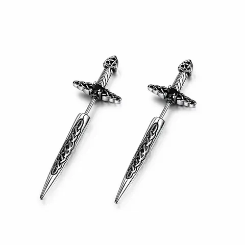 Orecchini a Bottone in Acciaio Inossidabile a Forma di Spada con Nodo Celtico e Strass Neri Gioielli Gothic Hip Hop Unisex