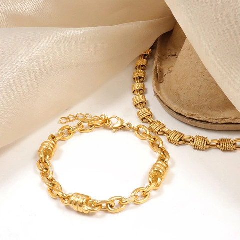 Stainless Steel 18K Gold Plated Chain Bracelet With Textured Cylindrical Decor Adjustable O-Link Jewelry For Men Women