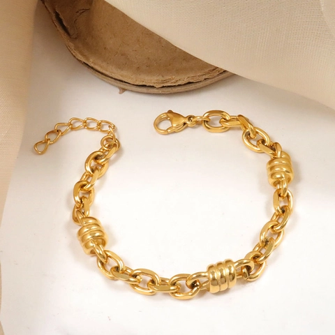 Stainless Steel 18K Gold Plated Chain Bracelet With Textured Cylindrical Decor Adjustable O-Link Jewelry For Men Women