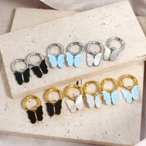 Stainless Steel Butterfly Pendant Hoop Earrings Colorful Enamel Animal Charm Ear Buckle For Women Minimalist Sweet Jewelry Gift