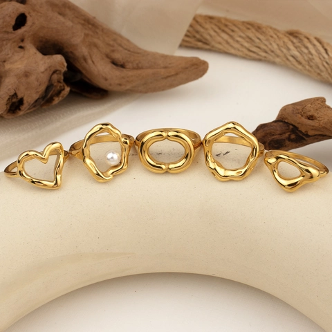 Fashion Stainless Steel 18K Gold Plated Irregular Geometric Rings Set For Women Artificial Pearl Decorative Stackable Jewelry