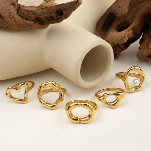 Fashion Stainless Steel 18K Gold Plated Irregular Geometric Rings Set For Women Artificial Pearl Decorative Stackable Jewelry