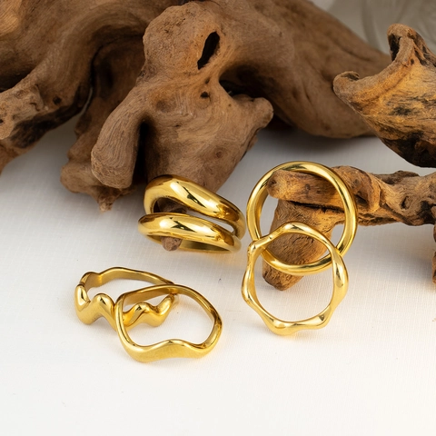 Minimalistisch 316 Edelstahl Wellig Offener Ring Gold Überzogen Unregelmäßiges Design Mehrlagige Stapelring Damen Schmuck
