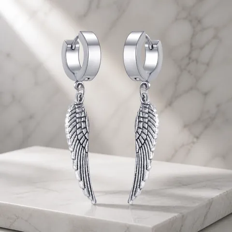 Punk Angel Wing Feather Hoop Earrings For Men Stainless Steel Silver Dangle Drop Earrings Hip Hop Gothic Jewelry