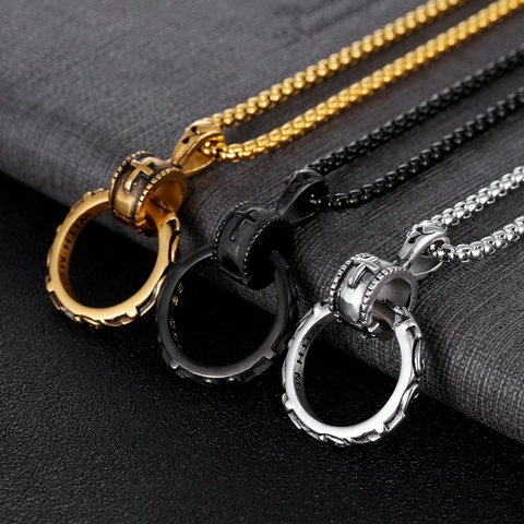 Retro Titanium Steel Cross Circle Pendant Necklace For Men Hip Hop Street Style Engraved Jewelry Gift
