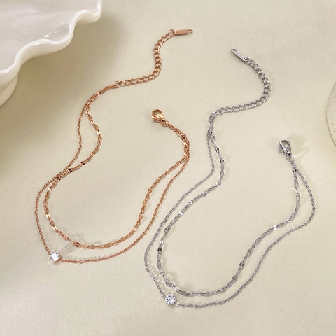 Dubbellaags Titaniumstalen Enkelbandje Voor Dames Minimalistisch Zirkonia Charm Strandsieraden Roestvrijstalen Paillettenketting