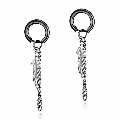 Stainless Steel Feather Tassel Chain Hoop Stud Earrings For Men Hip Hop Punk Street Style Jewelry Piercing Ear Studs