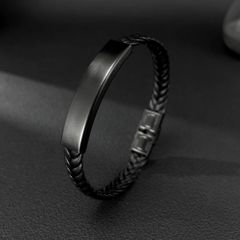 Men Minimalist Woven Leather Bracelet With Matte Black Stainless Steel Plate Industrial Style Handmade Bangle For Daily Wear