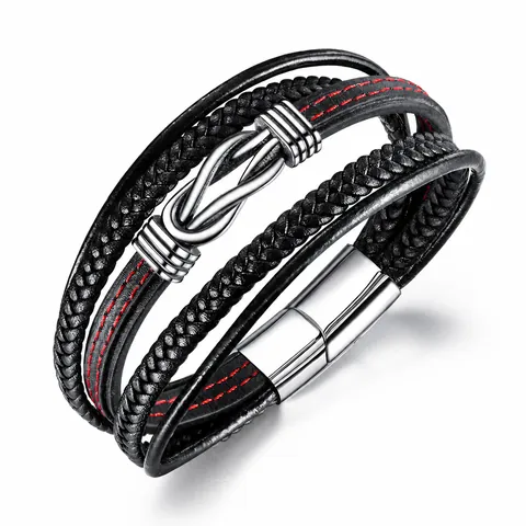 Vintage Men Multi Layer Braided Leather Bracelet Stainless Steel Infinity Knot Magnetic Buckle Red Stitching Punk Jewelry