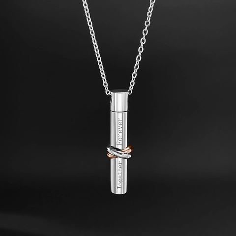Stainless Steel Cylinder Urn Necklace Together Forever Memorial Pendant Cremation Keepsake Jewelry For Men Women
